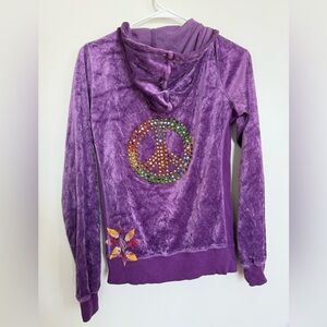 Vintage Y2K Purple Zip-Up Velour Hoodie with Peace Sign